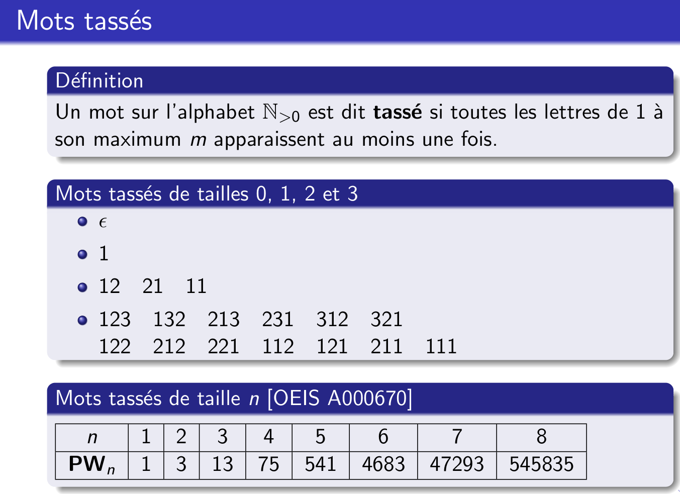 Un mot sur l’alphabet N* est dit tassé si toutes les lettres de 1 à son maximum m apparaissent au moins une fois.